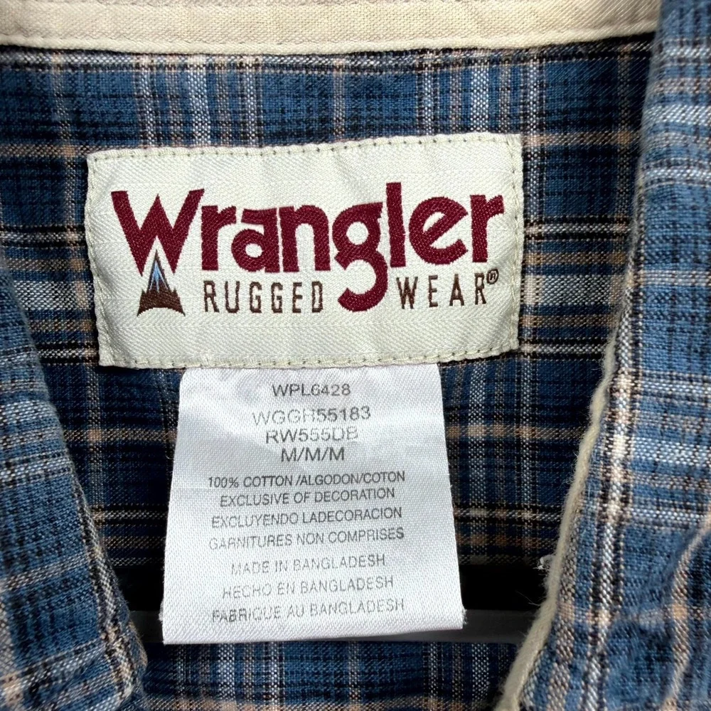 Wrangler‎ Rugged Wear Flannel Shirt Mens Medium Blue Plaid Long Sleeve Button Up